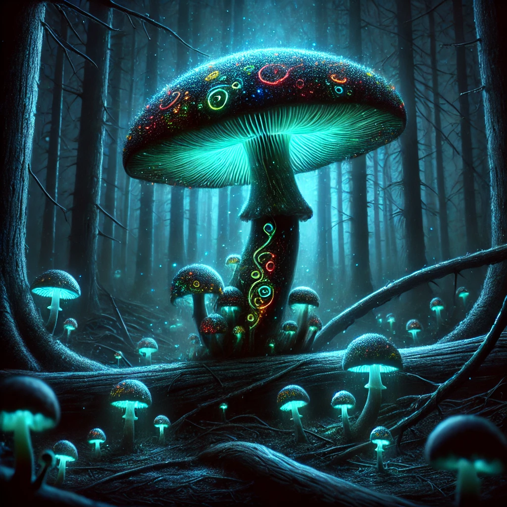 A dark and psychedelic feature image for a blog post about mushroom hunting, with a realistic yet surreal atmosphere. The image features a large, glowing mushroom with intricate, colorful patterns in a dark, mystical forest, surrounded by smaller glowing mushrooms.