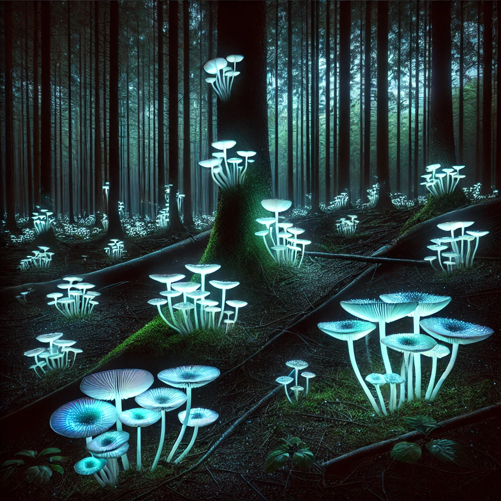 Glowing mushrooms at night.