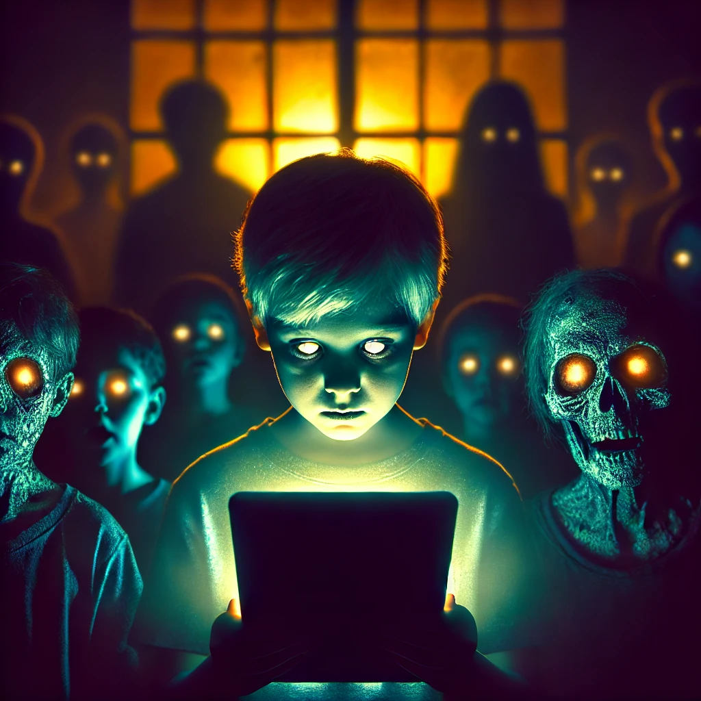 Eerie digital art of a young boy illuminated by a tablet, surrounded by ghostly figures, symbolizing the haunting effects of excessive screen time on children.