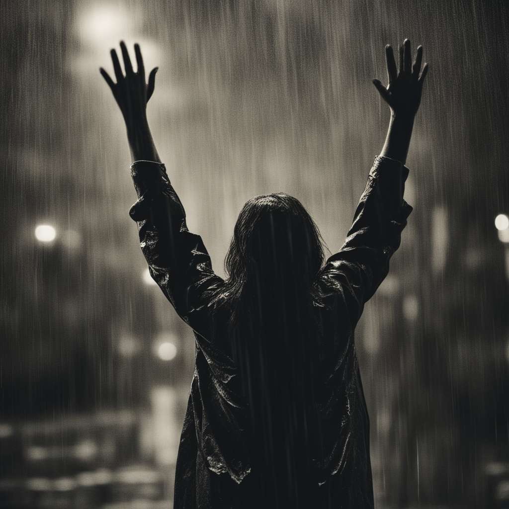 Moody black-and-white image of a person raising their arms in the rain, symbolizing surrender, release, or a moment of spiritual awakening.