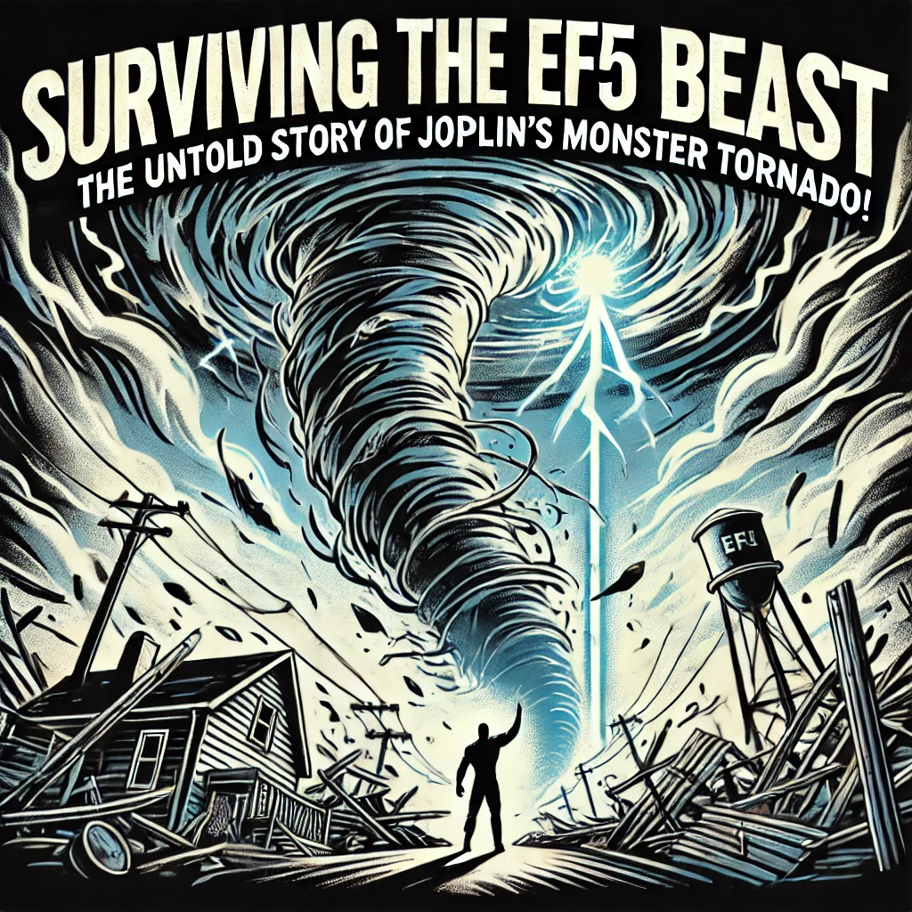 Vintage-style comic book cover art of a massive tornado titled ‘Surviving the EF5 Beast,’ illustrating the destructive power of tornadoes with a focus on the Joplin storm.