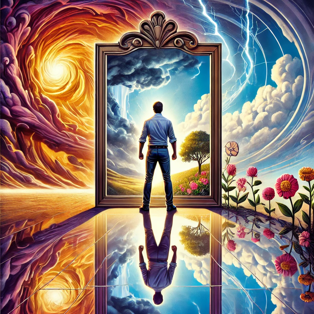 Surreal artwork depicting a man standing in front of a doorway that contrasts stormy chaos with a peaceful, vibrant landscape, symbolizing the choice between chaos and tranquility.