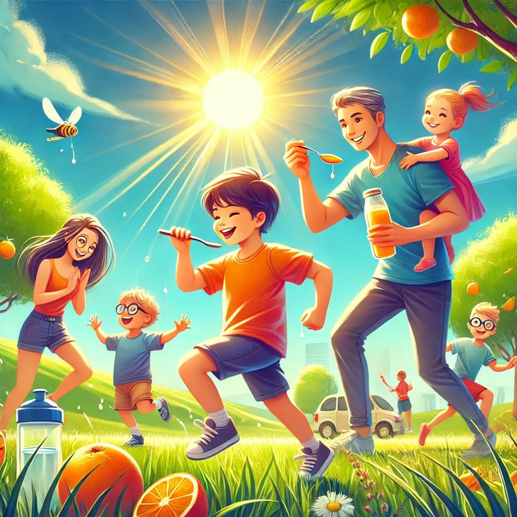 Family enjoying outdoor activities in a sunlit park, promoting health, vitality, and the importance of staying active together.