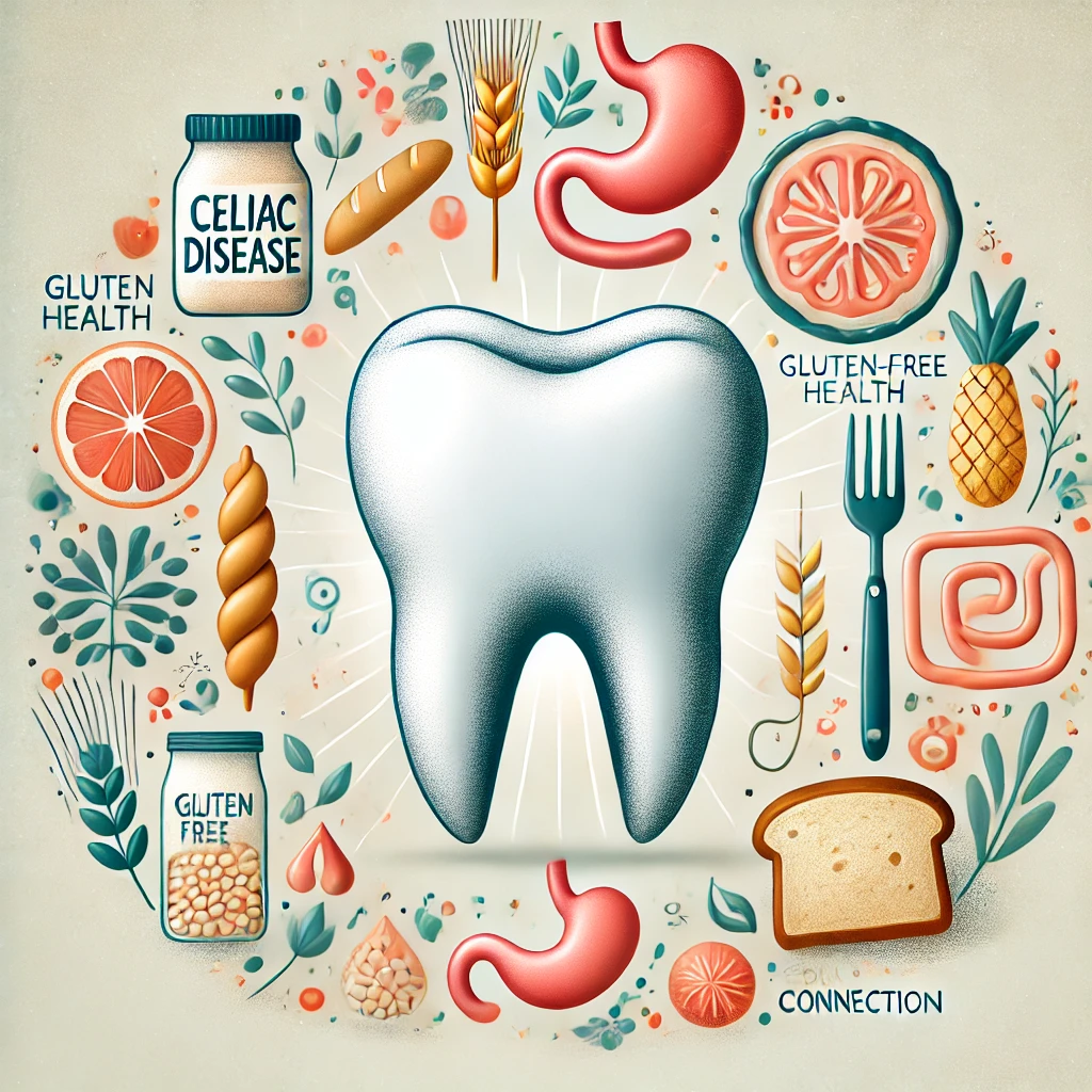 A feature image for a blog post about living with Celiac Disease, blending seriousness and positivity. The image includes a central illustration of a healthy tooth surrounded by symbols of gluten-free health, such as gluten-free products, digestive organs, and fresh produce, representing the connection between diet and overall health.