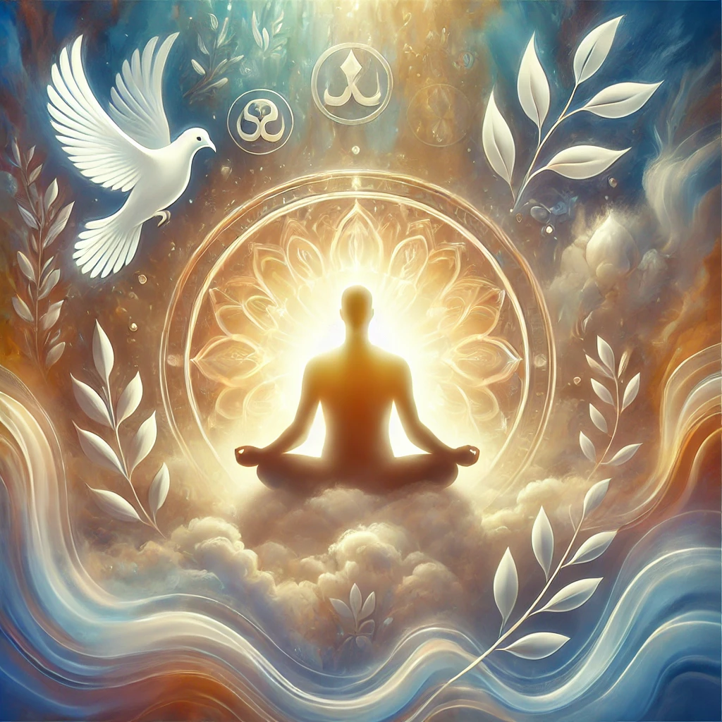 Ethereal digital illustration of a meditating figure surrounded by light, a dove, and spiritual symbols, representing inner peace, spiritual growth, and connection to the divine.