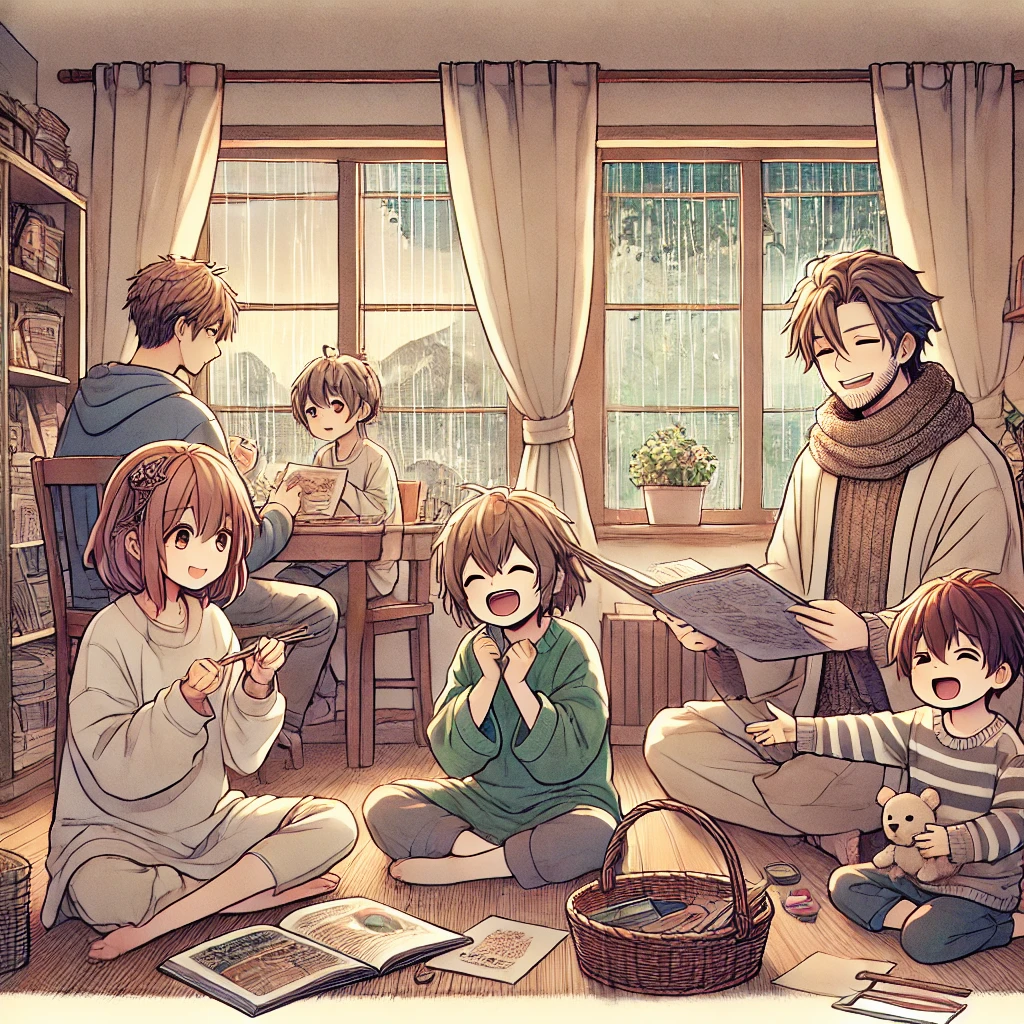 Warm, cozy anime family scene on a rainy day, gathered together in a wooden room, enjoying quality time with books and crafts, perfect for themes of togetherness and home comfort.
