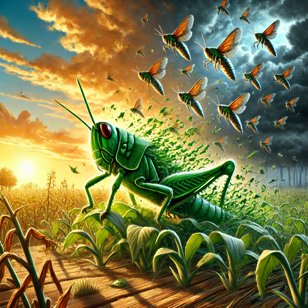 Epic depiction of a giant locust leading a swarm over a cornfield, representing a plague or environmental disaster at sunset