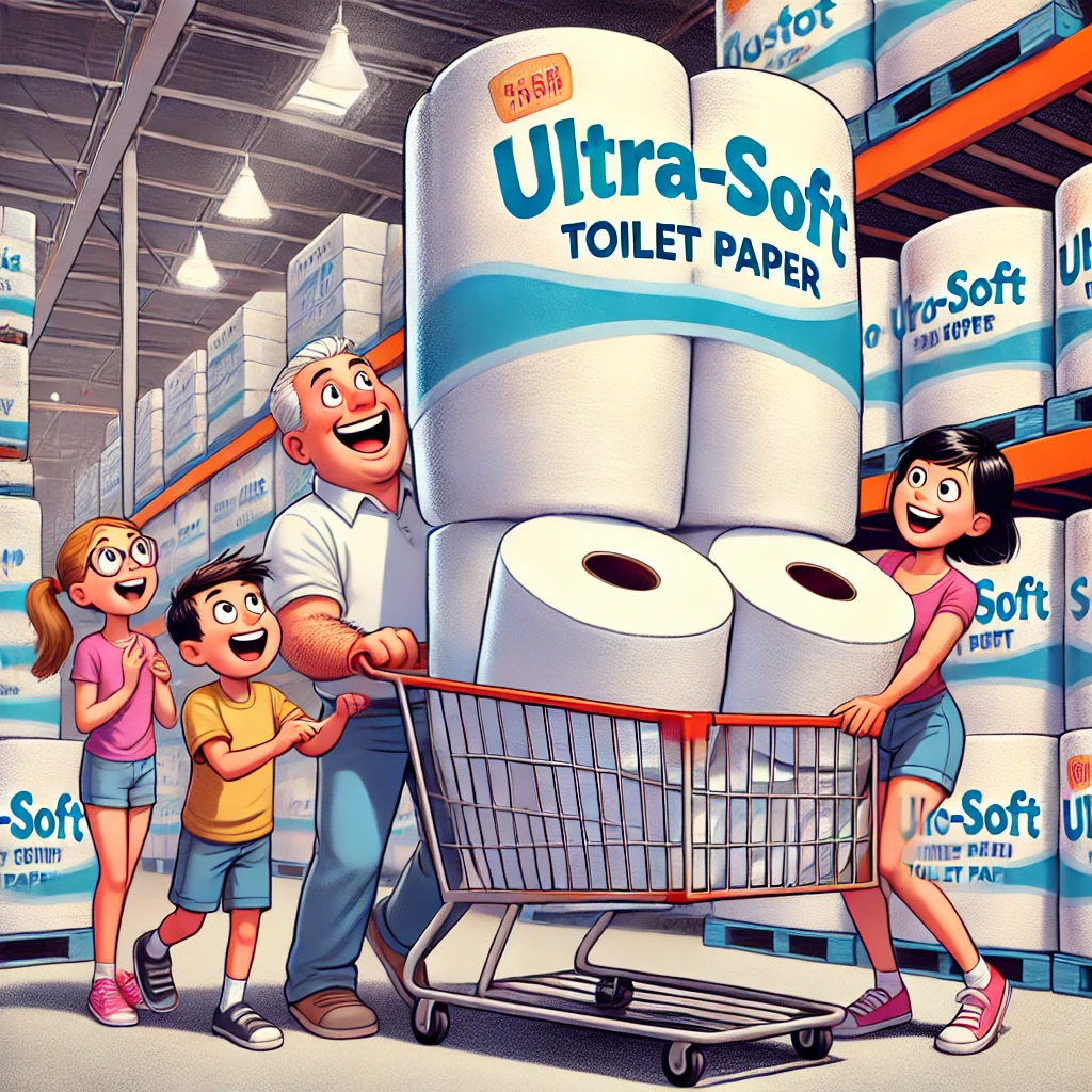 A humorous depiction of a family shopping at Costco, with exaggeratedly large rolls of “Ultra-Soft” toilet paper stacked high in their cart. The family members are smiling and laughing, adding a playful element to the typical Costco shopping experience.