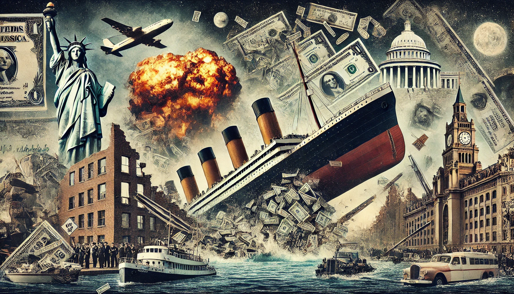 A collage-style image capturing the essence of epic fails in history, featuring the Titanic sinking, the Challenger explosion, the Berlin Wall dividing the city, and a crumbling house of cards made of dollar bills.