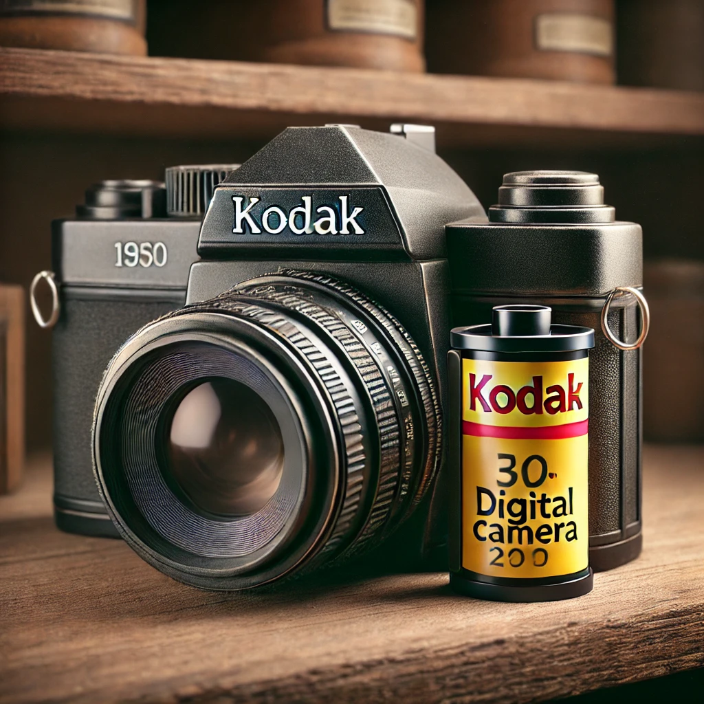 A classic Kodak film camera next to a modern digital camera on a dusty shelf, symbolizing Kodak's missed opportunity in digital photography