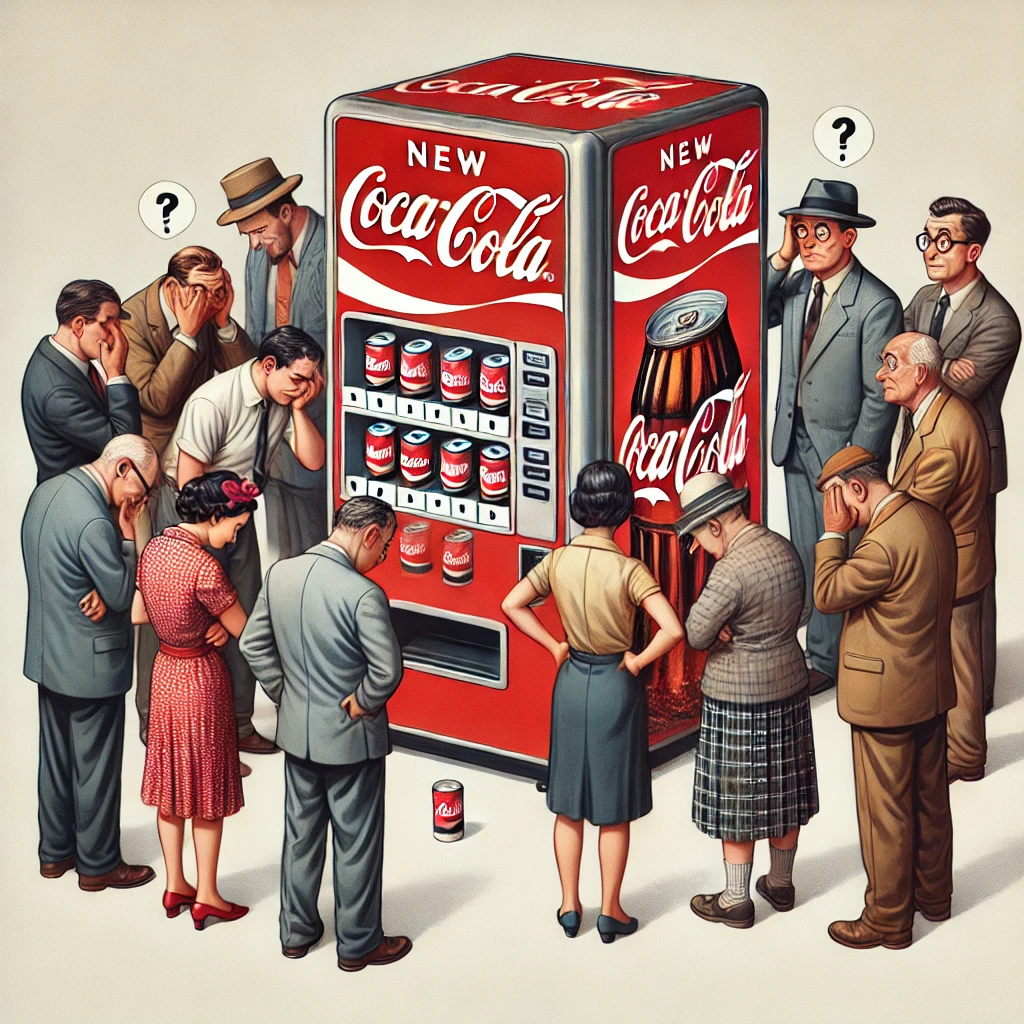 A vintage vending machine dispensing cans of 'New Coke,' surrounded by a crowd of confused and unhappy customers.