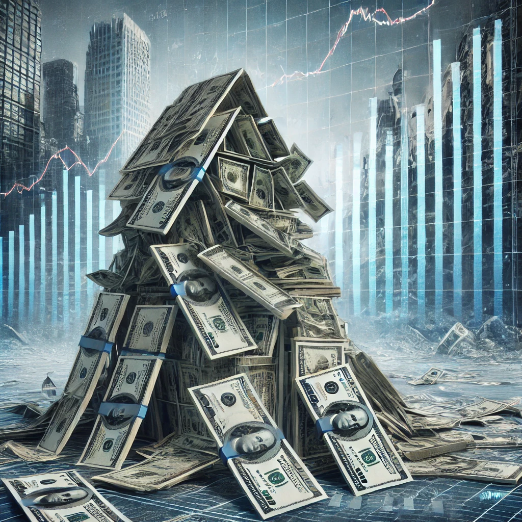 A symbolic crumbling house of cards made of dollar bills against a backdrop of collapsing skyscrapers and financial graphs.