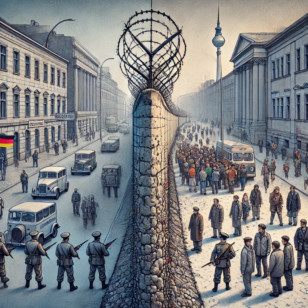 The Berlin Wall with barbed wire and guards, dividing the gray, somber East Berlin from the colorful, lively West Berlin.