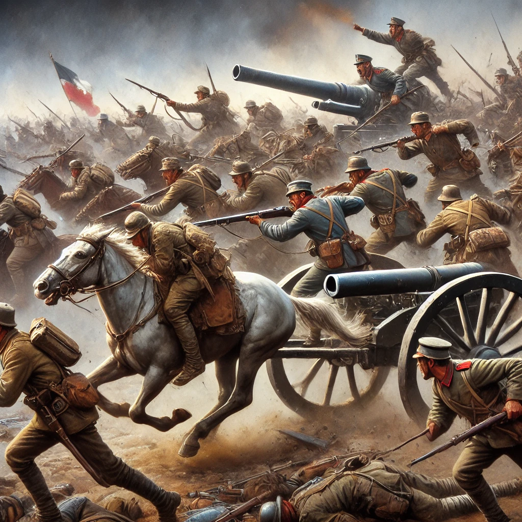 The Light Brigade cavalry charging towards fortified cannons on a chaotic battlefield, with confusion and fear visible on soldiers' faces.