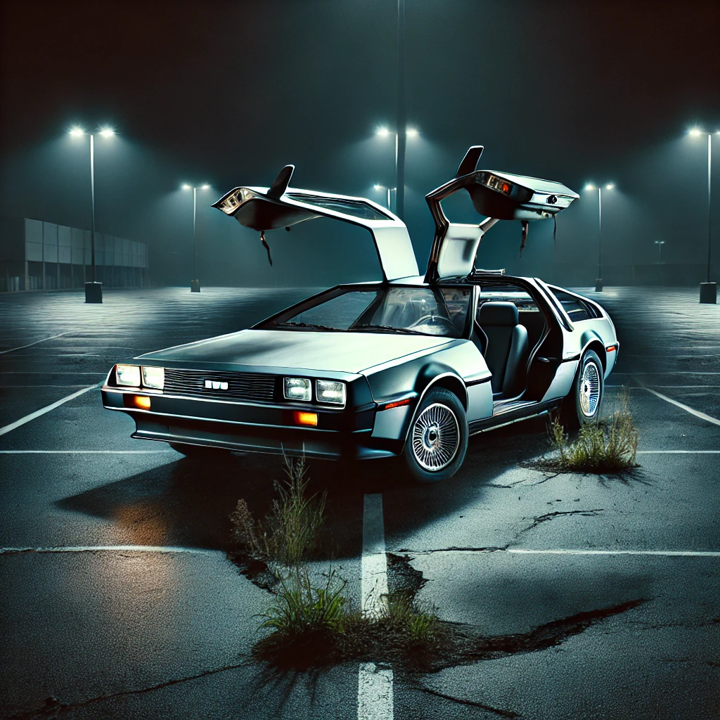 A DeLorean car with gull-wing doors open, parked in a deserted lot at night, reflecting the failed dreams associated with the car.