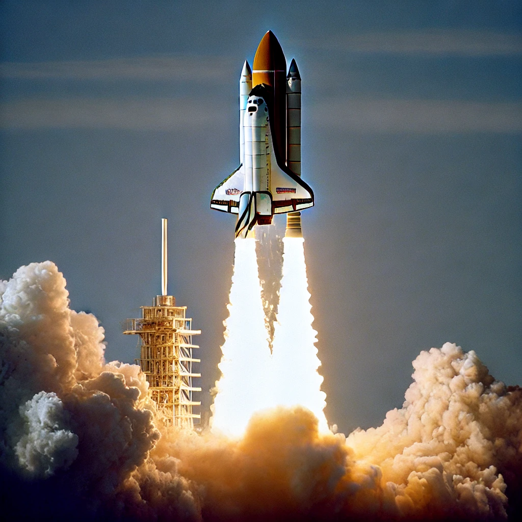 The Space Shuttle Challenger ascending moments after liftoff with smoke and flames visible as the shuttle begins to disintegrate in a clear sky.