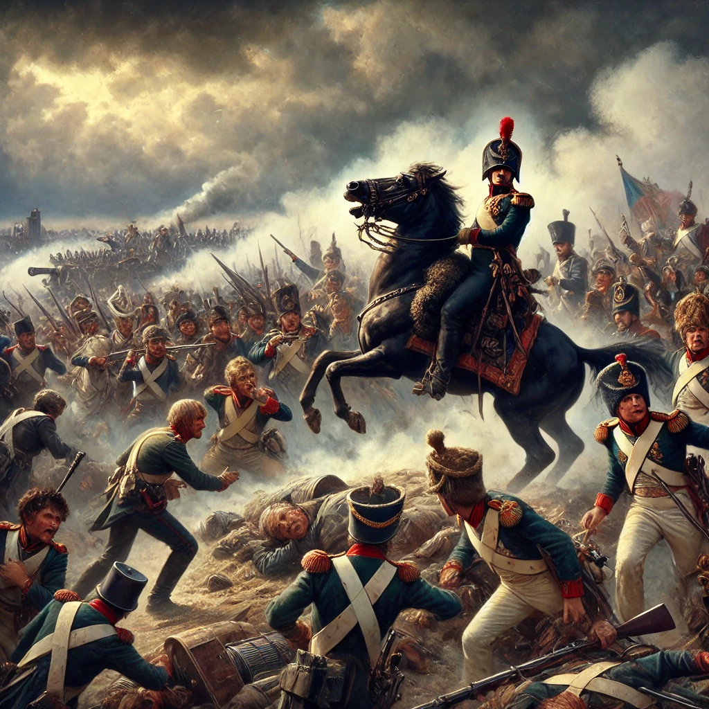 A chaotic battlefield scene from the Battle of Waterloo with Napoleon on horseback overseeing the clash between his forces and British-Prussian troops.