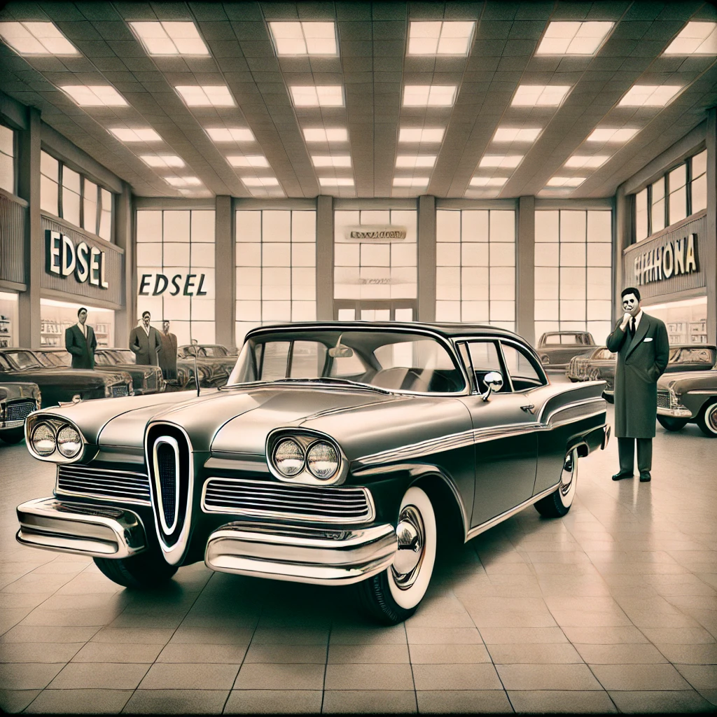 A 1950s car dealership featuring a prominently displayed Edsel car with exaggerated features, surrounded by concerned salesmen in an empty showroom.