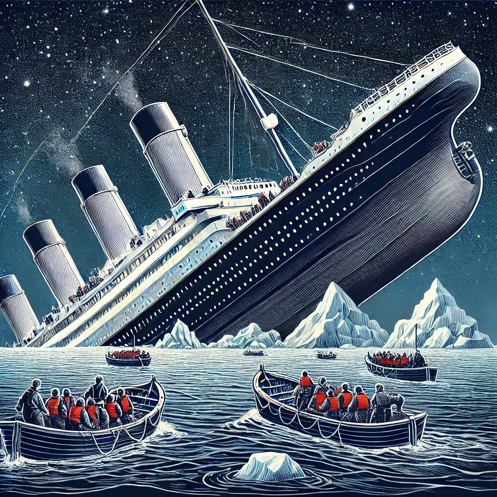 The Titanic sinking in the North Atlantic with lifeboats filled with people in the foreground, and visible icebergs nearby under a night sky.