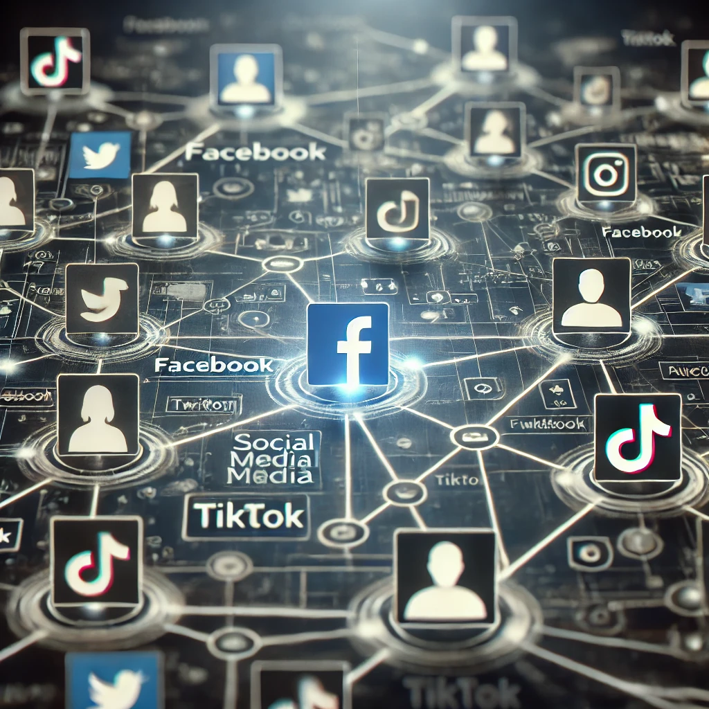 A visual representation of social media algorithms at work, showing interconnected networks of people, with highlighted lines indicating the flow of information between users, featuring icons of Facebook, Twitter, and TikTok.