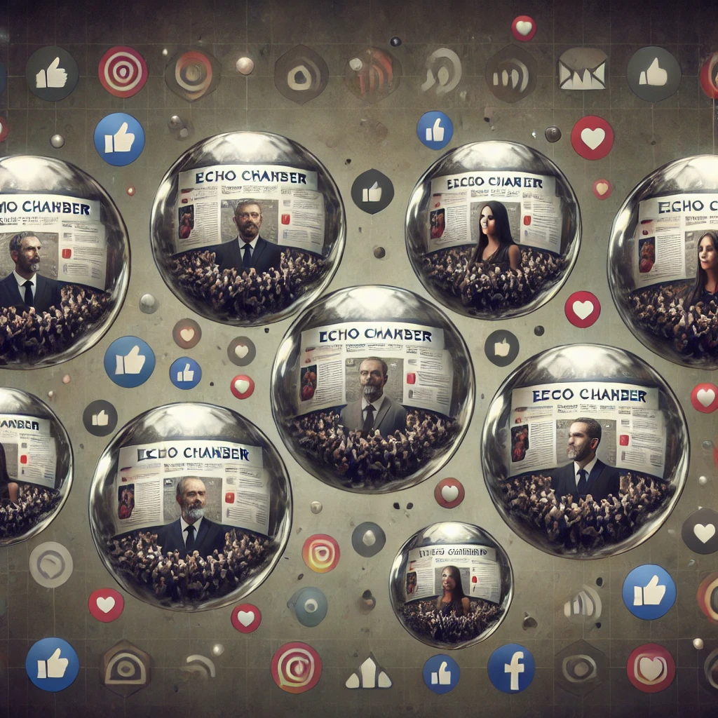 An image showing the echo chamber effect on social media, with people inside bubbles displaying content that matches their political views, surrounded by social media icons.