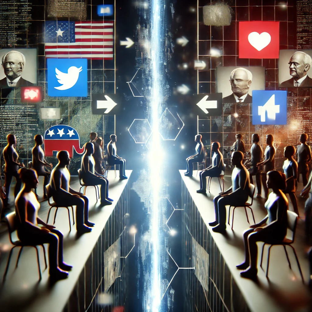 A visual representation of political polarization fueled by social media, showing two groups on opposite sides of a digital divide, each surrounded by content reinforcing their beliefs.