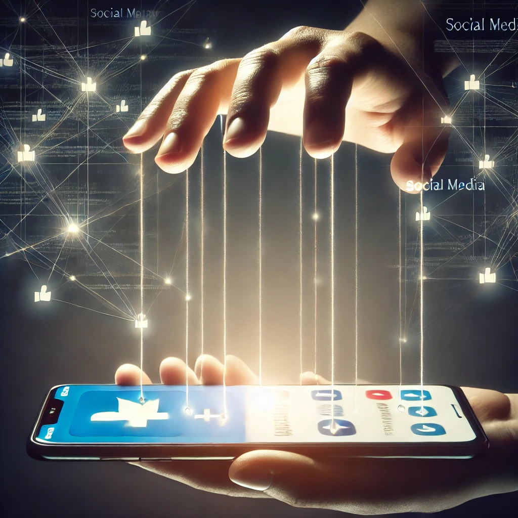 An image showing the silent manipulation of social media algorithms, with a social media feed controlled by invisible strings held by an unseen hand, symbolizing hidden control.