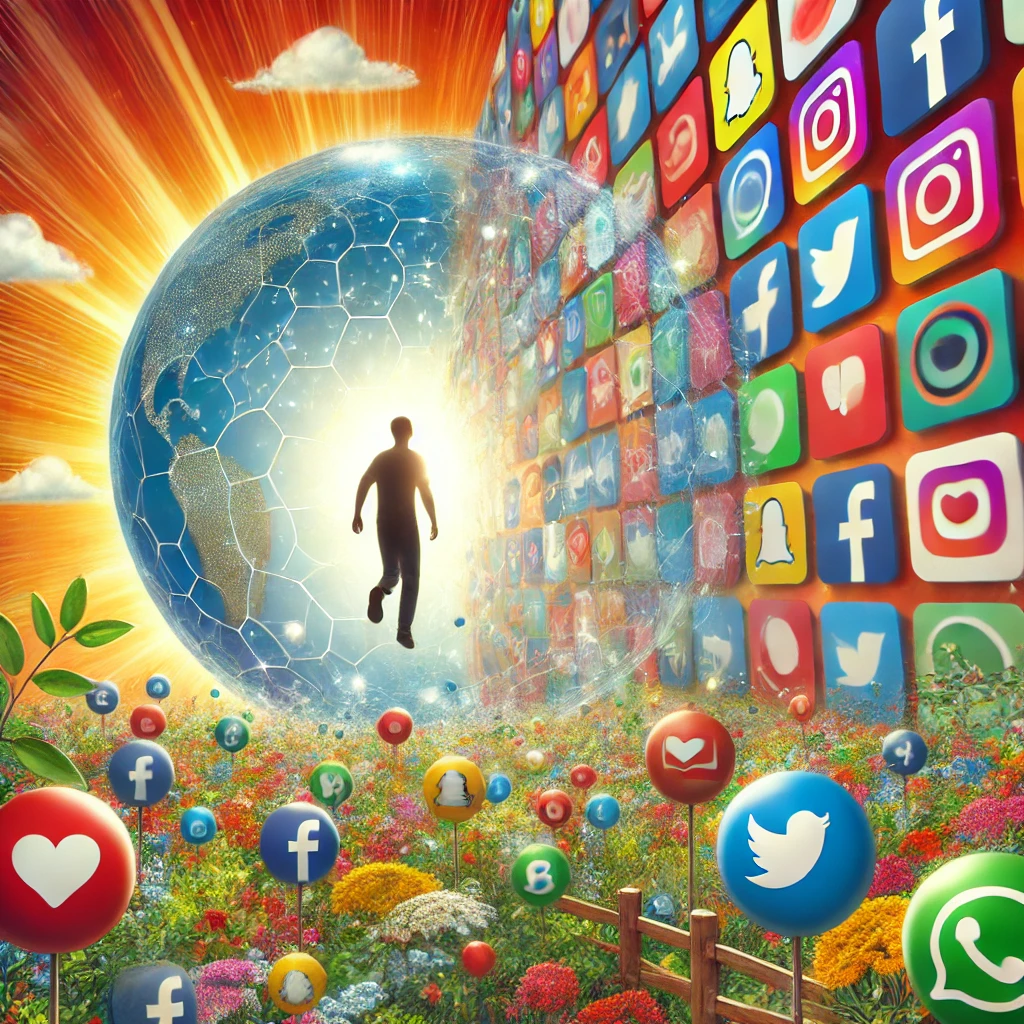 A hopeful image illustrating breaking free from social media algorithm-driven bubbles, showing a person stepping out of a repetitive content bubble into a world of diverse, colorful information.