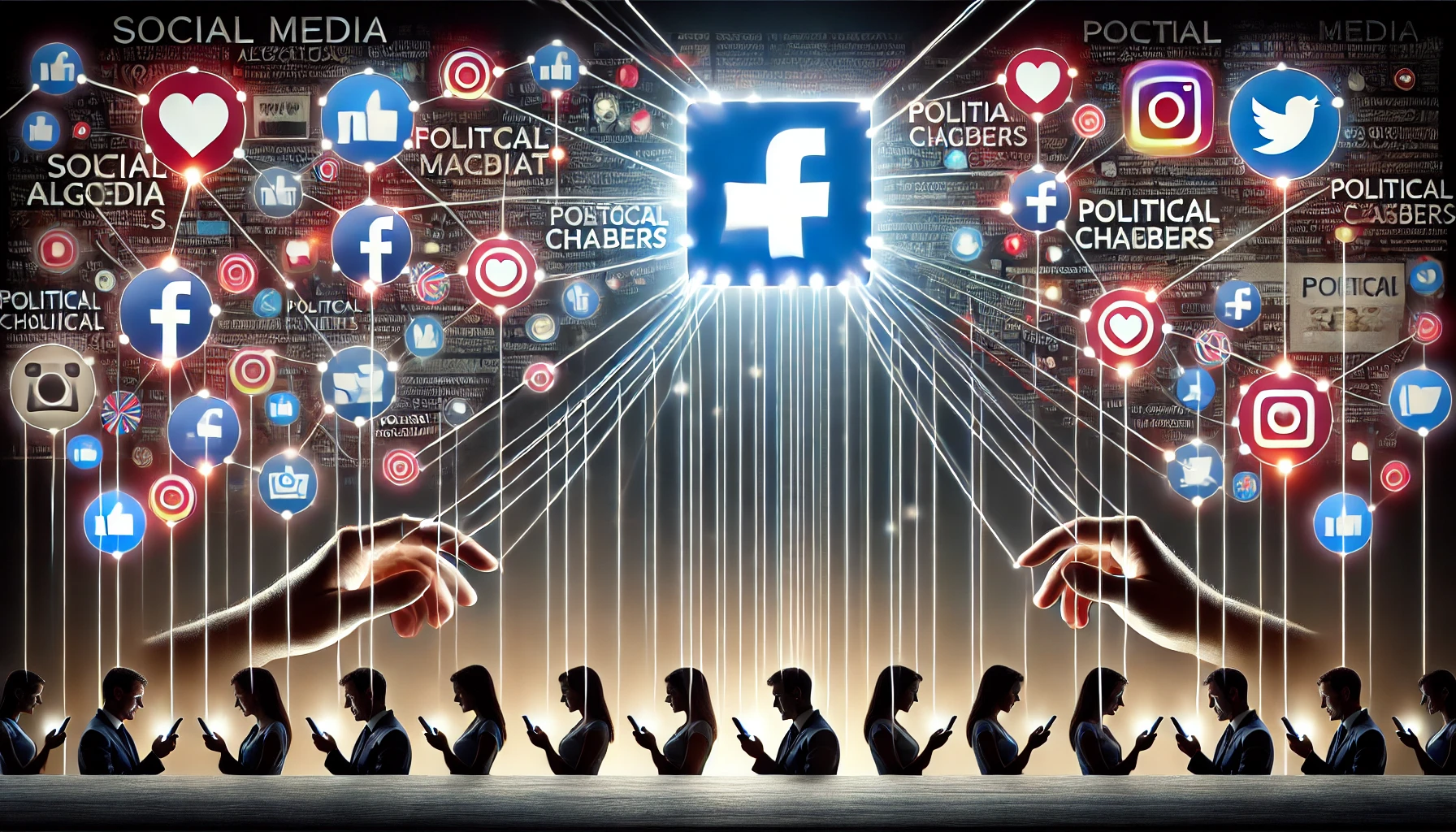 A feature image representing the influence of social media algorithms on political views, showing a central social media feed manipulated by unseen hands with groups of people in content bubbles illustrating echo chambers and political polarization.