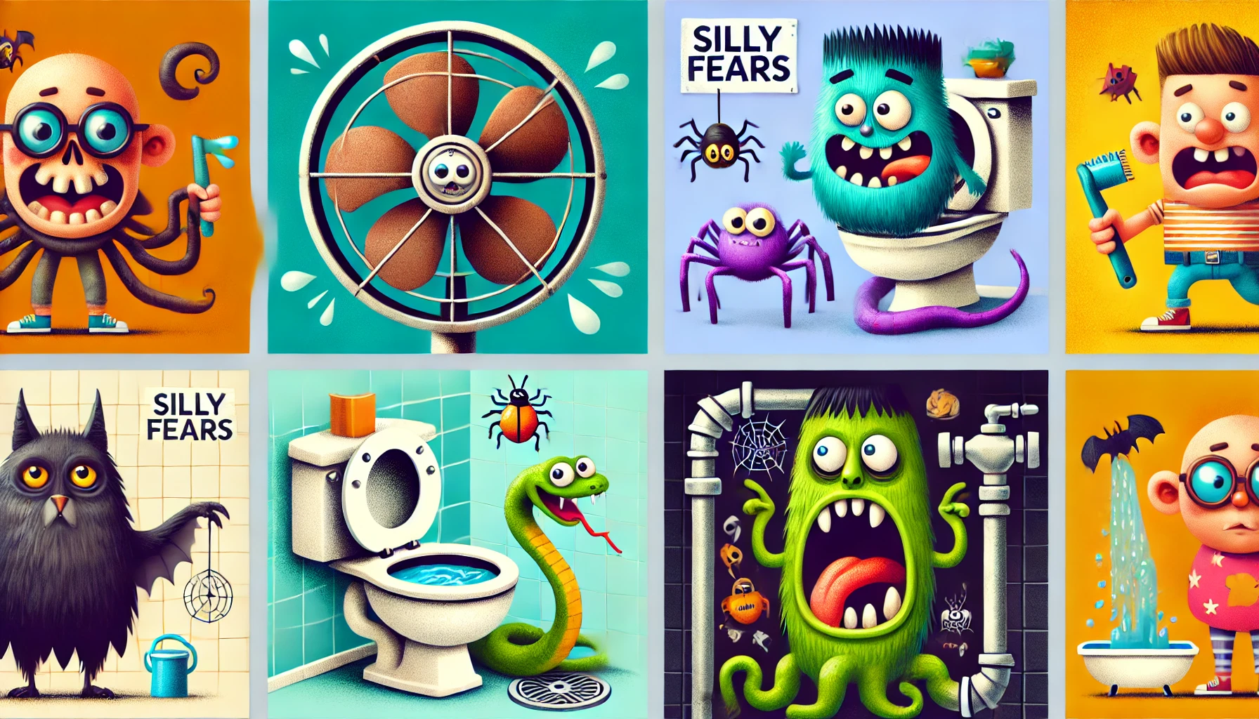 A collage of silly fears depicted in a playful and humorous way, featuring exaggerated characters like a fan with spider legs and a snake in the toilet, highlighting childhood imaginations.