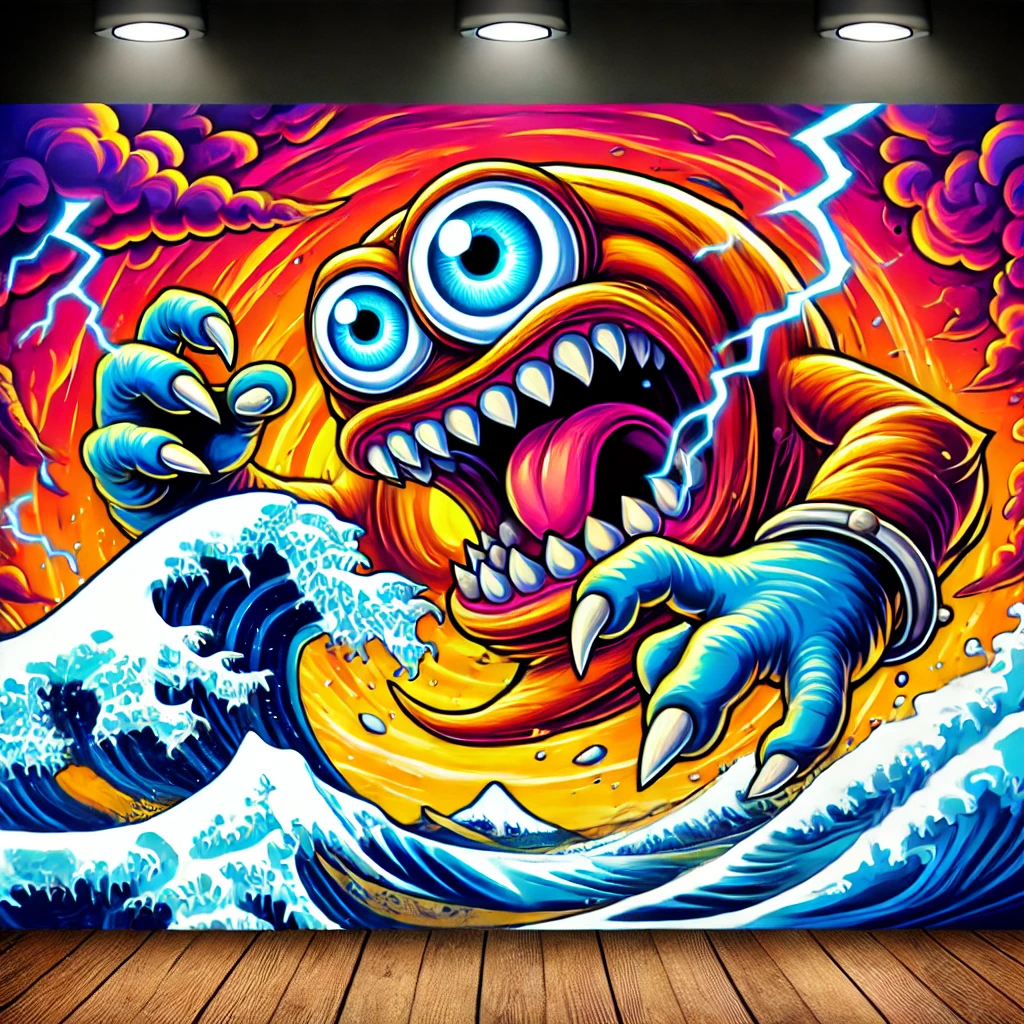 Colorful monster emerging from a stormy sea with a fierce expression, representing powerful natural forces and creativity.