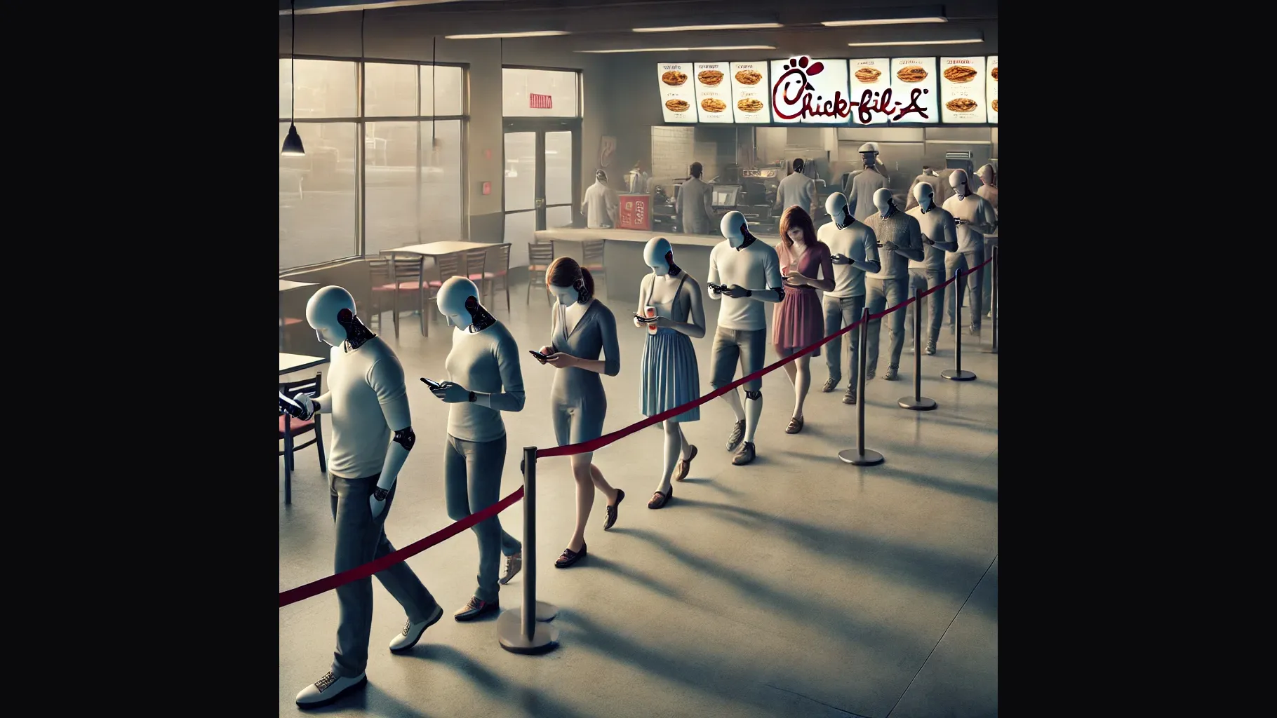 A dystopian scene of faceless robots waiting in line at a fast-food restaurant, symbolizing conformity and digital addiction.