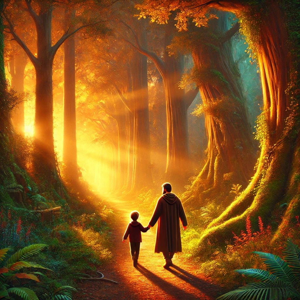 A heartwarming scene of a father and son walking together through a lush, golden-leaved forest at sunset. The father gently guides his son down a path, with dappled sunlight filtering through the towering trees, creating a warm and serene atmosphere.