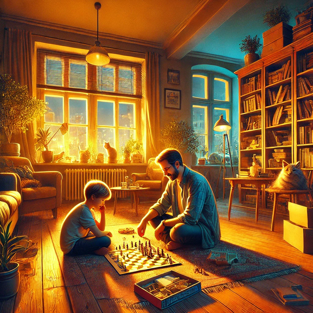A cozy living room where a father and son are sitting on the floor, playing a board game together. The room is warmly lit, with details like bookshelves, potted plants, and a cat curled up in the corner, emphasizing the joy of screen-free bonding.