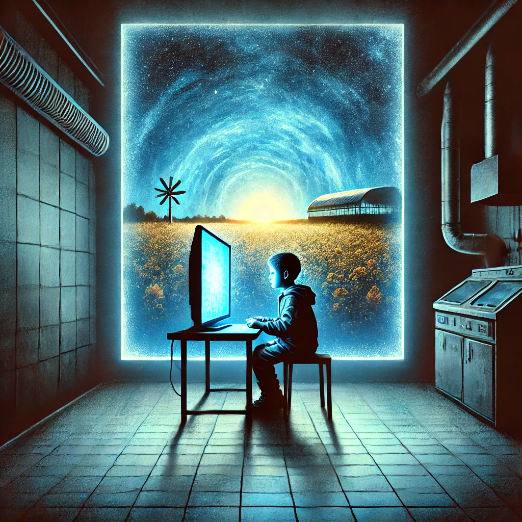 A somber scene of a young boy sitting alone in front of a screen in a dimly lit room. The screen emits a harsh blue light, contrasting with the warm, inviting world outside the window, symbolizing the isolation caused by excessive screen time.