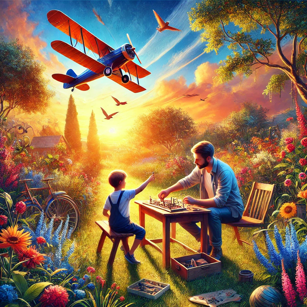 A vibrant outdoor scene in a sunlit garden where a father and son are building a model airplane together. The garden is filled with colorful flowers and birds, symbolizing creativity and freedom, as the father and son share a close bond.