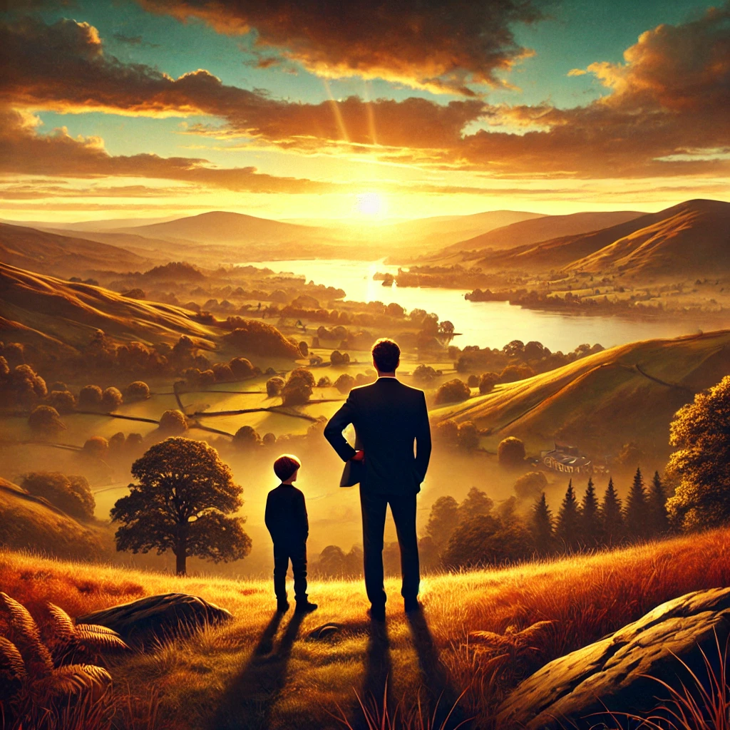 A breathtaking view of a father and son standing on a hilltop at sunset, overlooking rolling hills and a serene lake. The warm, golden hues of the sky create a peaceful and meaningful moment, highlighting the strong bond between them.