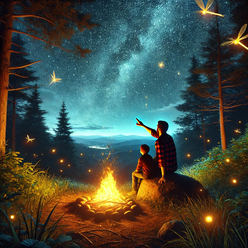 A peaceful night scene where a father and son are sitting by a campfire in the middle of a forest, with fireflies dancing around them. The father points at the stars while the son looks up in awe, symbolizing wisdom and connection in a serene, almost magical setting.