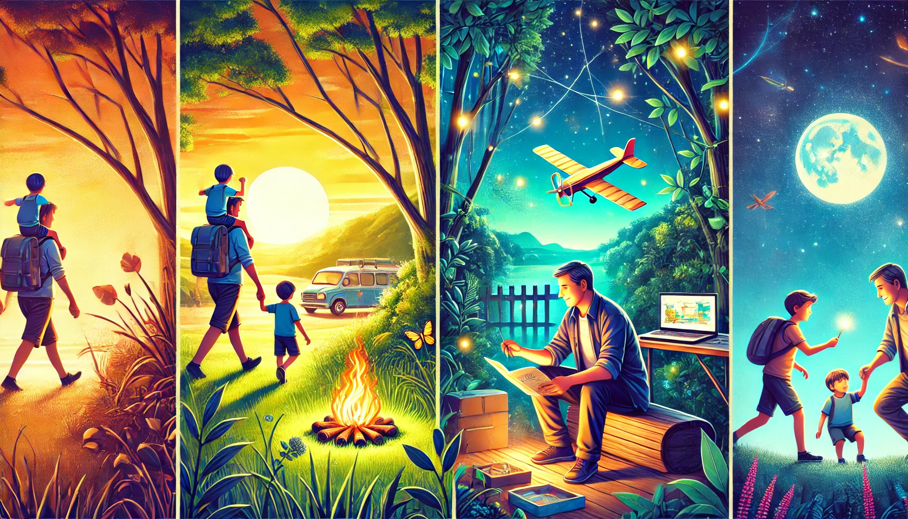 A vibrant and heartwarming scene showing a father and son engaging in various outdoor activities across four panels. The activities range from hiking at sunset, setting up camp, reading outdoors, and gazing at the night sky, representing a blend of exploration, learning, and connection with nature.