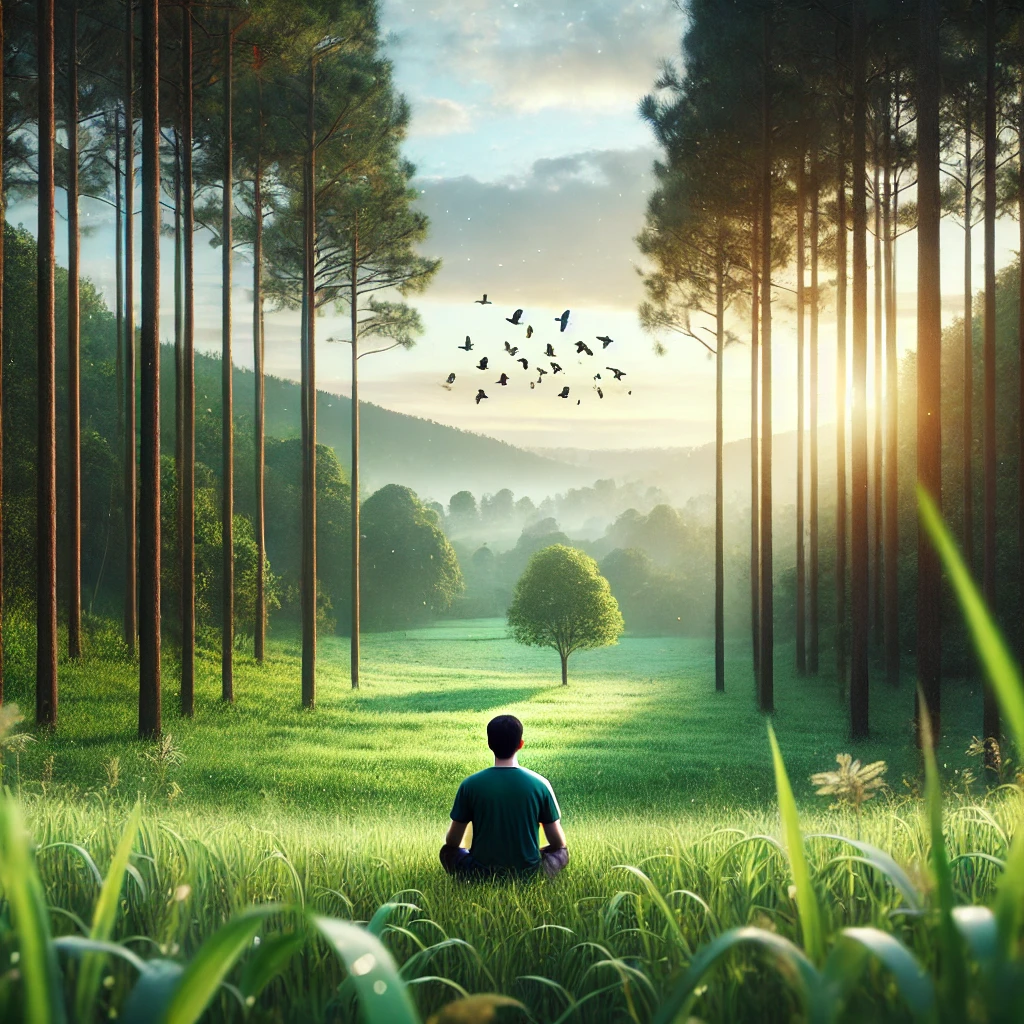 A person sitting in a grassy field, reconnecting with nature by feeling the earth and listening to the birds.