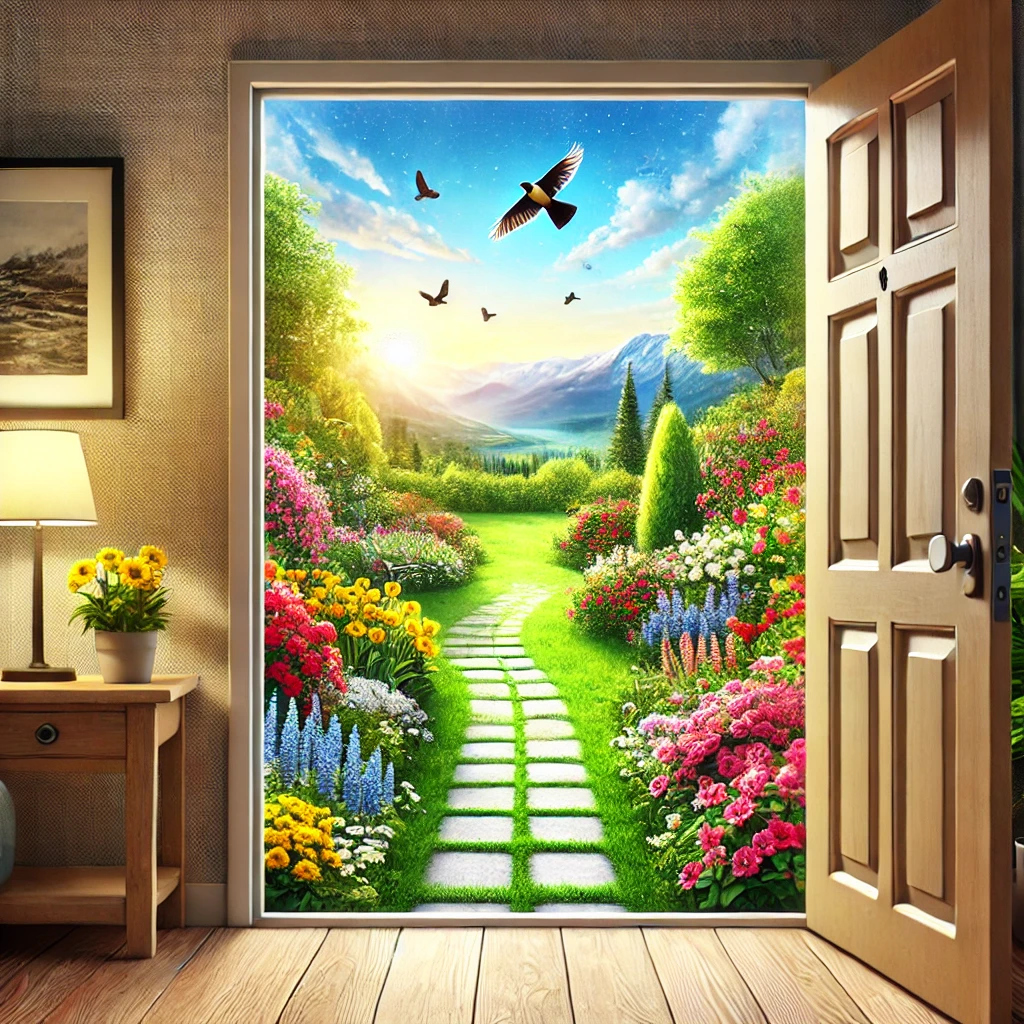 A vibrant garden filled with blooming flowers and a pathway, illustrating the beauty of nature right outside your door.