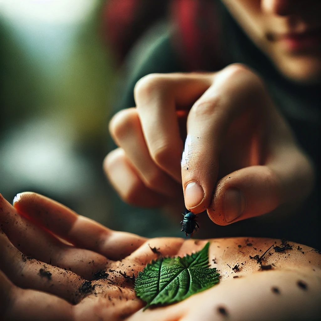 A person’s hand closely examining a leaf, highlighting the importance of observing and appreciating the small wonders of nature.