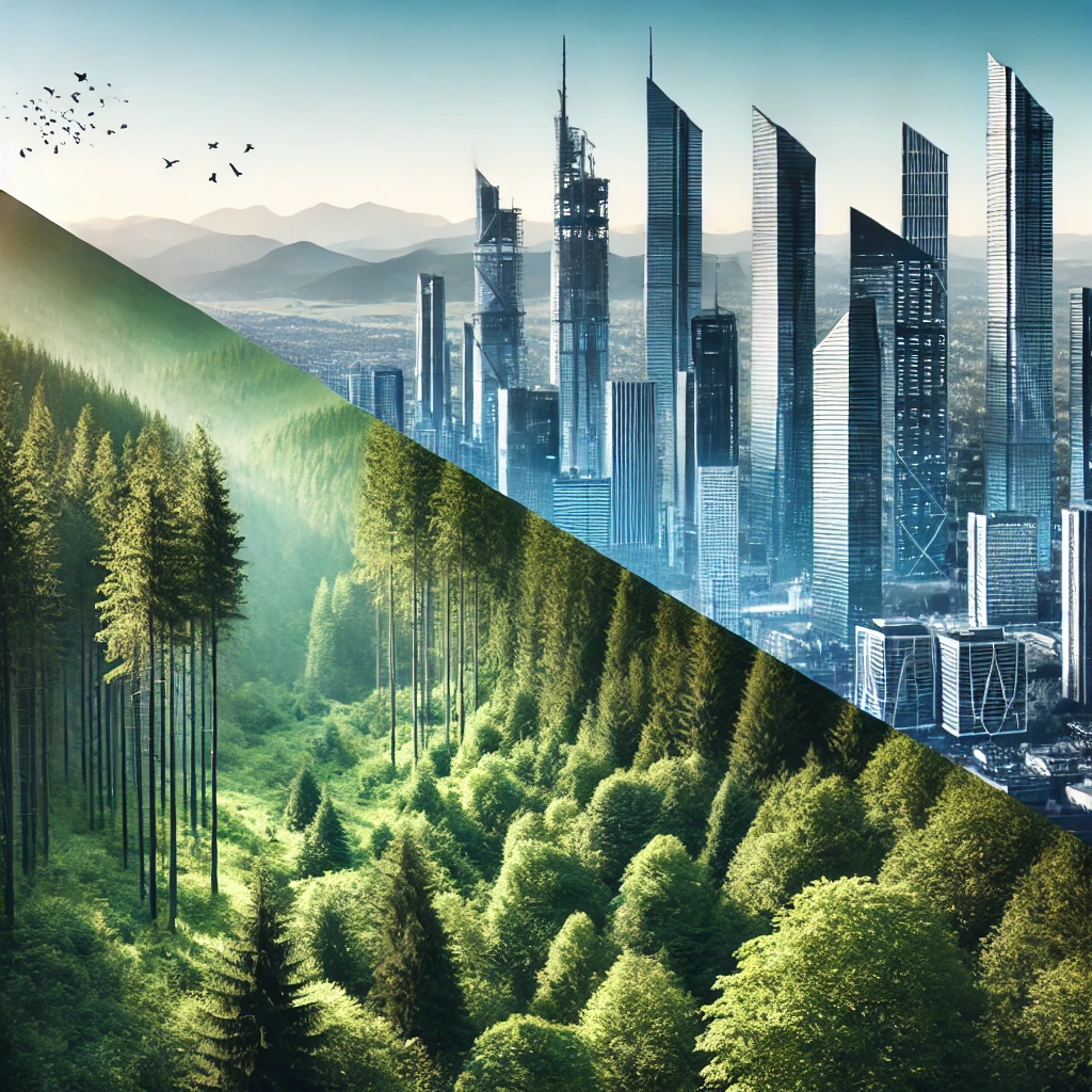 A side-by-side view of a lush forest merging with a modern cityscape, illustrating the contrast and connection between nature and man-made structures.