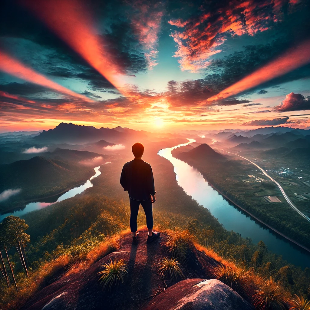 A person standing on a hilltop at sunset, gazing out at the vast beauty of the natural world, symbolizing the importance of marveling at our surroundings.
