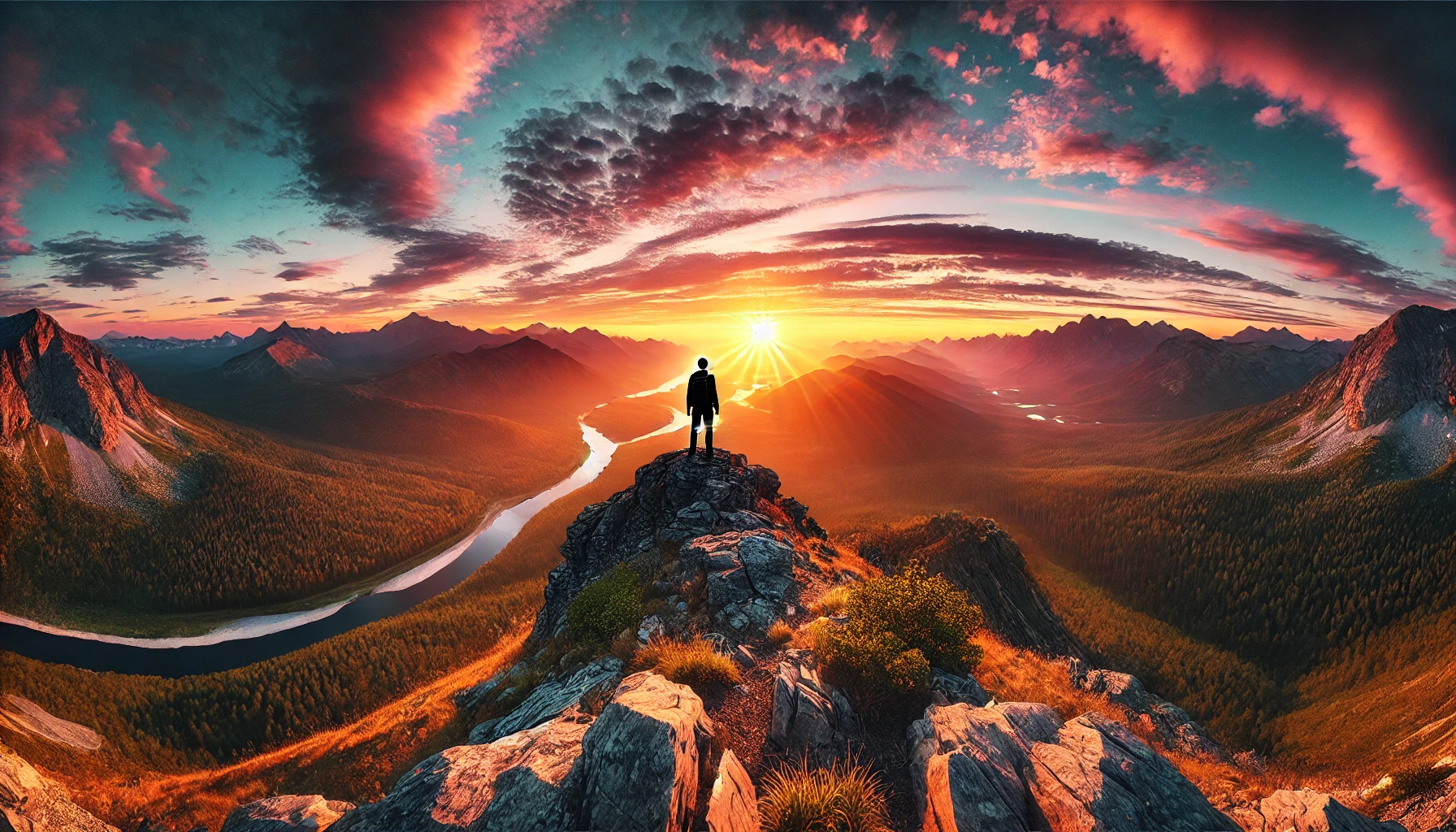 A person standing on a hilltop at sunset, gazing out at the vast beauty of the natural world, symbolizing the importance of marveling at our surroundings