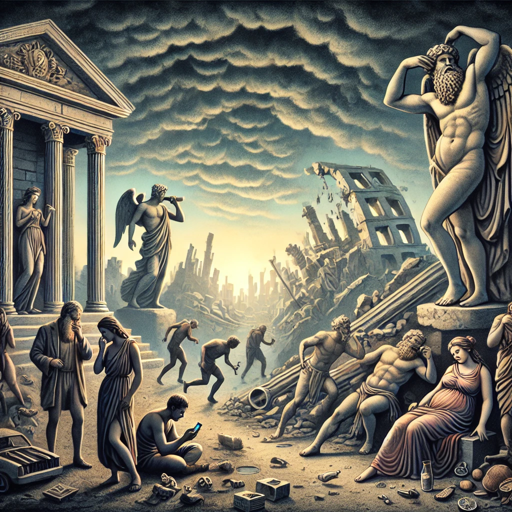 The prosperous kingdom of Jeroboam II crumbling, with people ignoring the cracks in the foundation, symbolizing moral decay and social injustice.