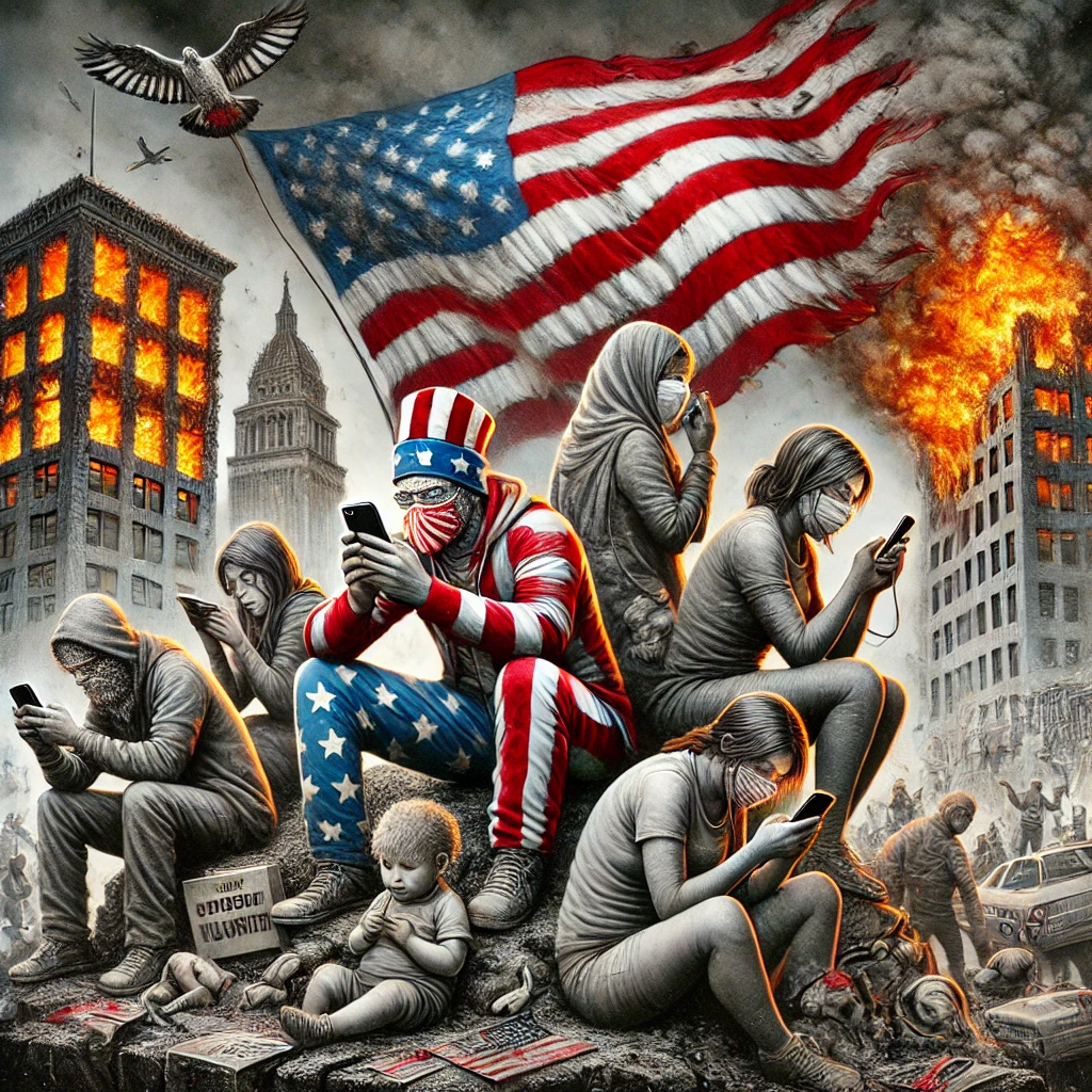 America crumbling with people fixated on their phones, oblivious to the chaos around them. Buildings are on fire, collapsing, and children appear sick and neglected, representing society's disconnection from reality.