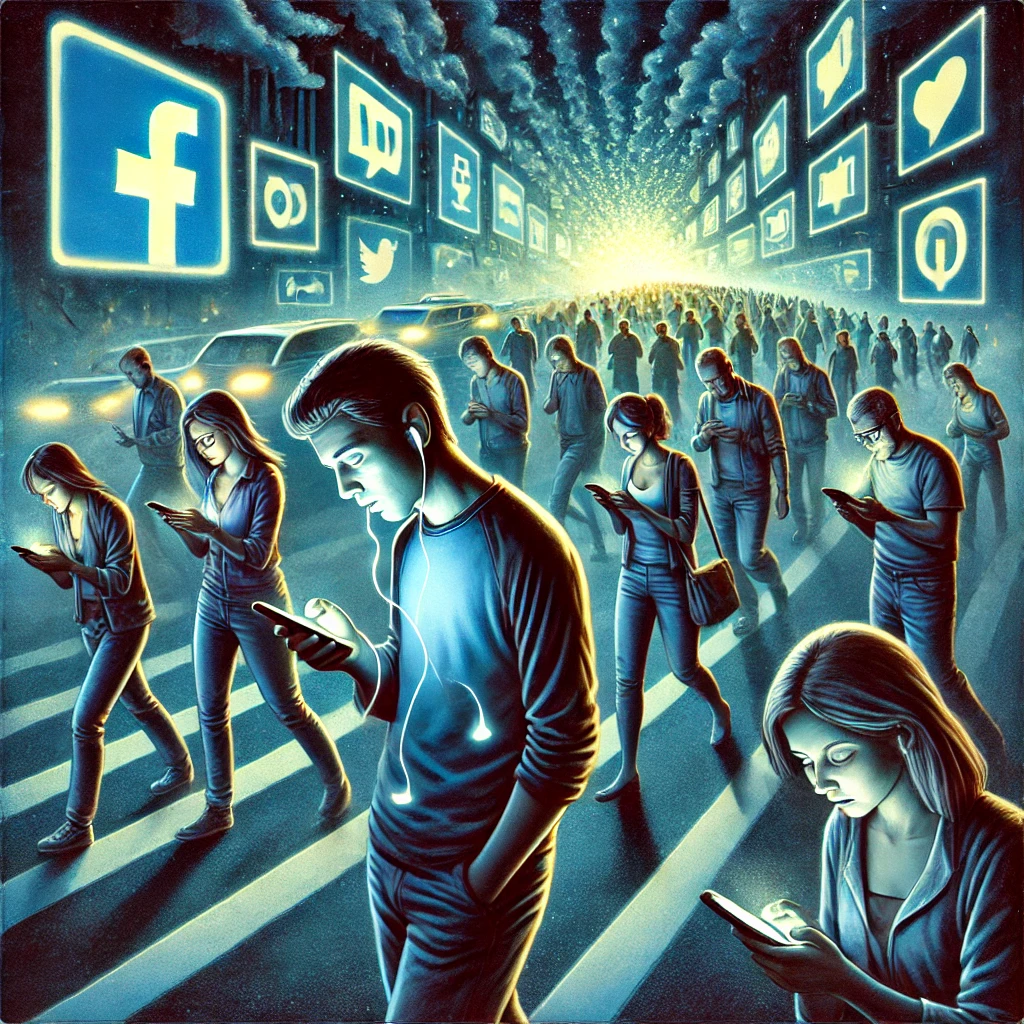 A crowd of people walking in a daze, glued to their phones and screens, surrounded by flashing lights and social media icons. In the background, blurred symbols of deeper meaning like nature, knowledge, and purpose fade, representing how modern society distracts and traps individuals in a repetitive cycle.