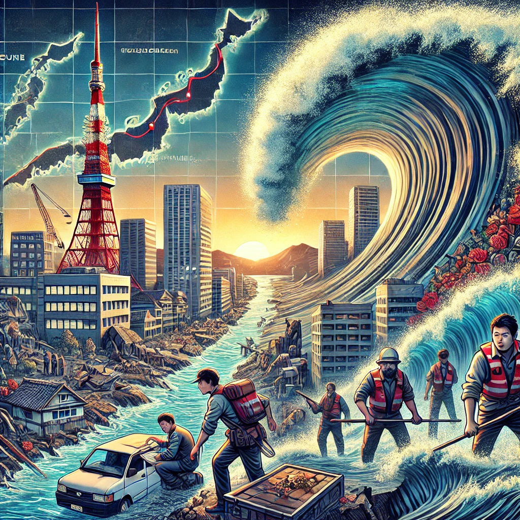 A serious and impactful illustration of the 2011 Tohoku earthquake and tsunami, featuring a tall, ominous wave crashing toward a damaged coastal city. Buildings shake, and characters work together to rebuild with determined expressions. The background shows a map of Japan with arrows indicating tectonic movement, creating a darker, more intense tone suitable for discussing the disaster.