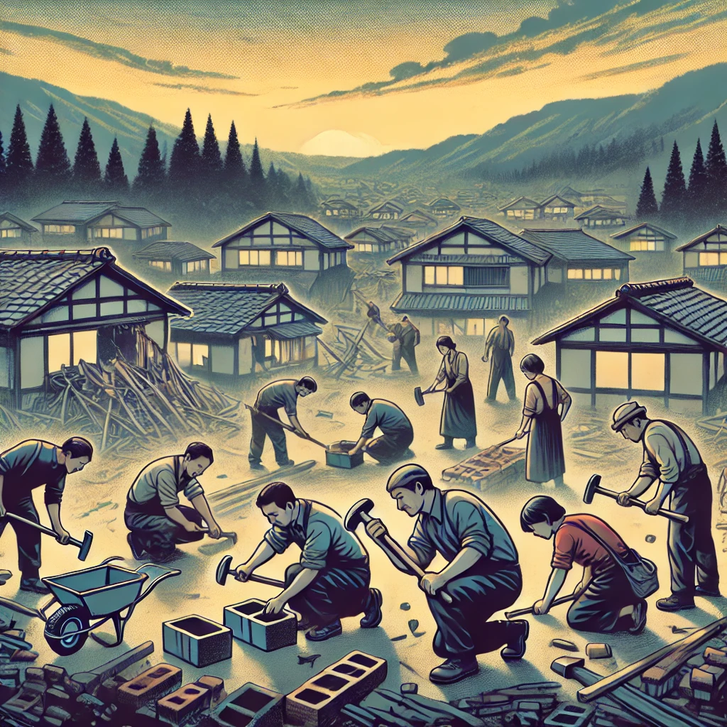 An inspirational illustration of Japanese people rebuilding their homes and communities after the 2011 tsunami. The determined characters use tools like hammers and bricks, and a partially rebuilt town is shown in the background. The darker tones suggest resilience, with a hint of hope.